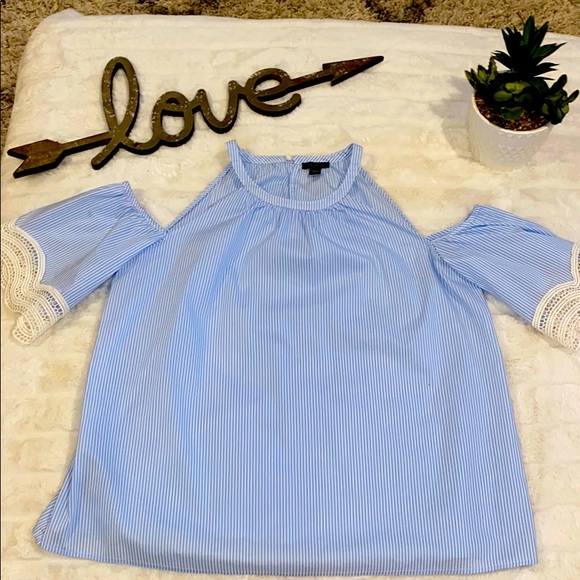 Ann Taylor Tops - Ann Taylor cold shoulder blue and white blouse S
